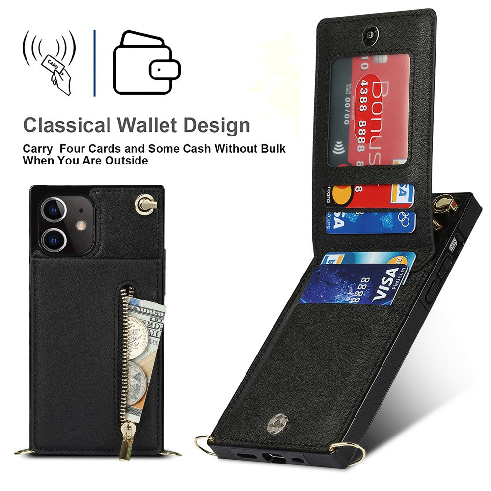 Detachable Lanyard PU Leather Coated TPU Hybrid Case Vertical Flip Kickstand Phone Shell for iPhone 12 mini