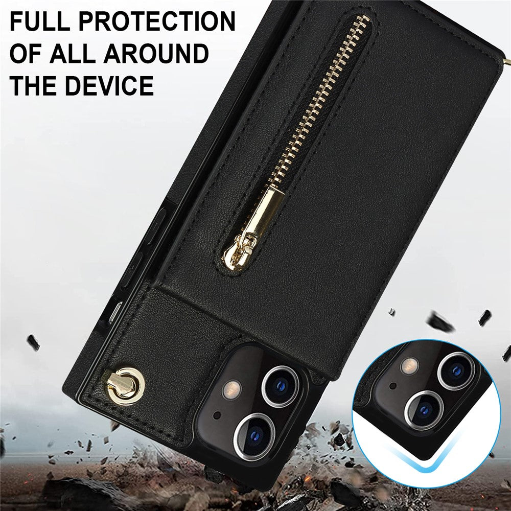 Detachable Lanyard PU Leather Coated TPU Hybrid Case Vertical Flip Kickstand Phone Shell for iPhone 12 mini