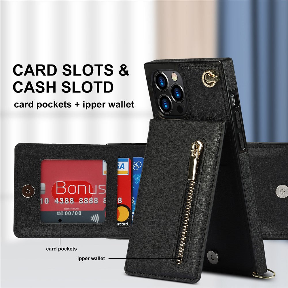 Shockproof Kickstand Design PU Leather Coated TPU Hybrid Case Phone Shell with Lanyard for iPhone 12 / 12 Pro