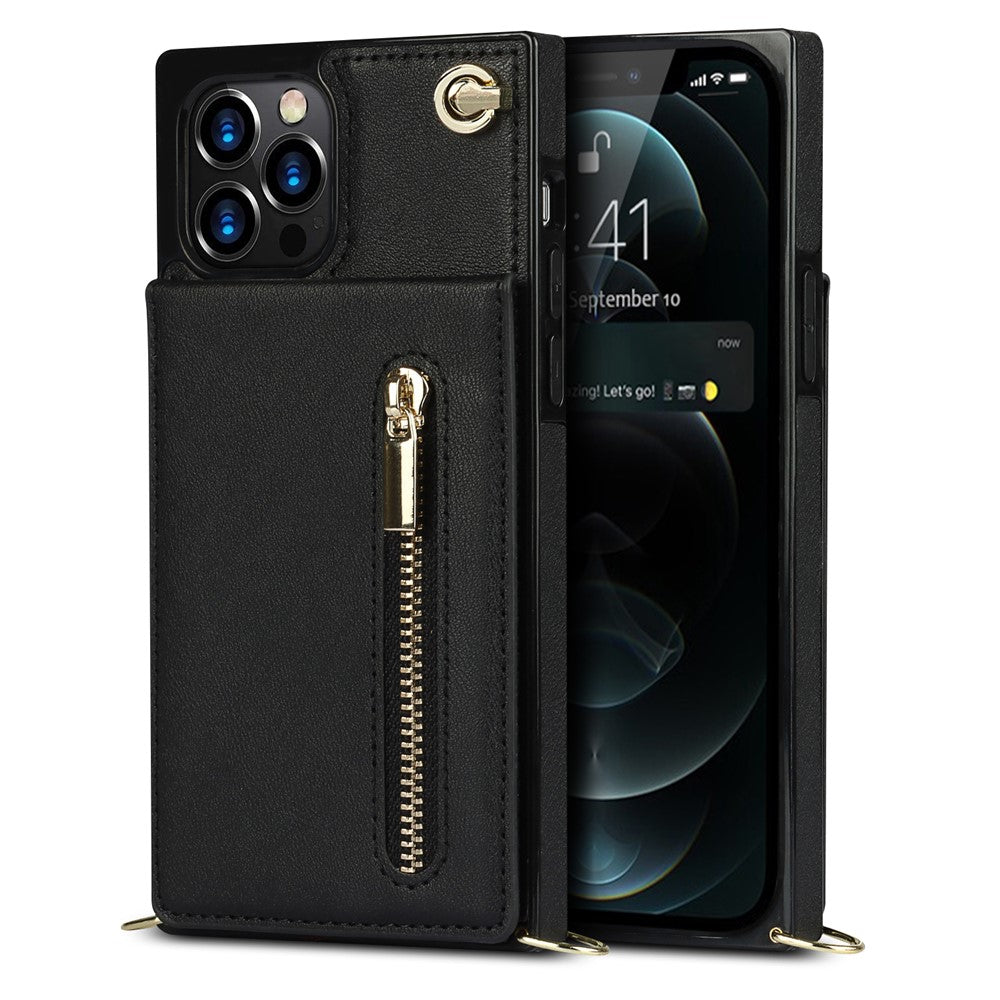 Shockproof Kickstand Design PU Leather Coated TPU Hybrid Case Phone Shell with Lanyard for iPhone 12 / 12 Pro