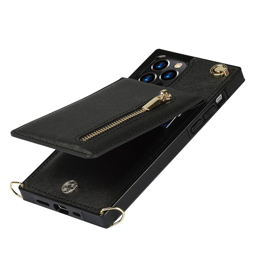 Shockproof Kickstand Design PU Leather Coated TPU Hybrid Case Phone Shell with Lanyard for iPhone 12 / 12 Pro