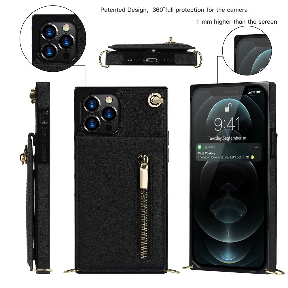 Shockproof Kickstand Design PU Leather Coated TPU Hybrid Case Phone Shell with Lanyard for iPhone 12 / 12 Pro