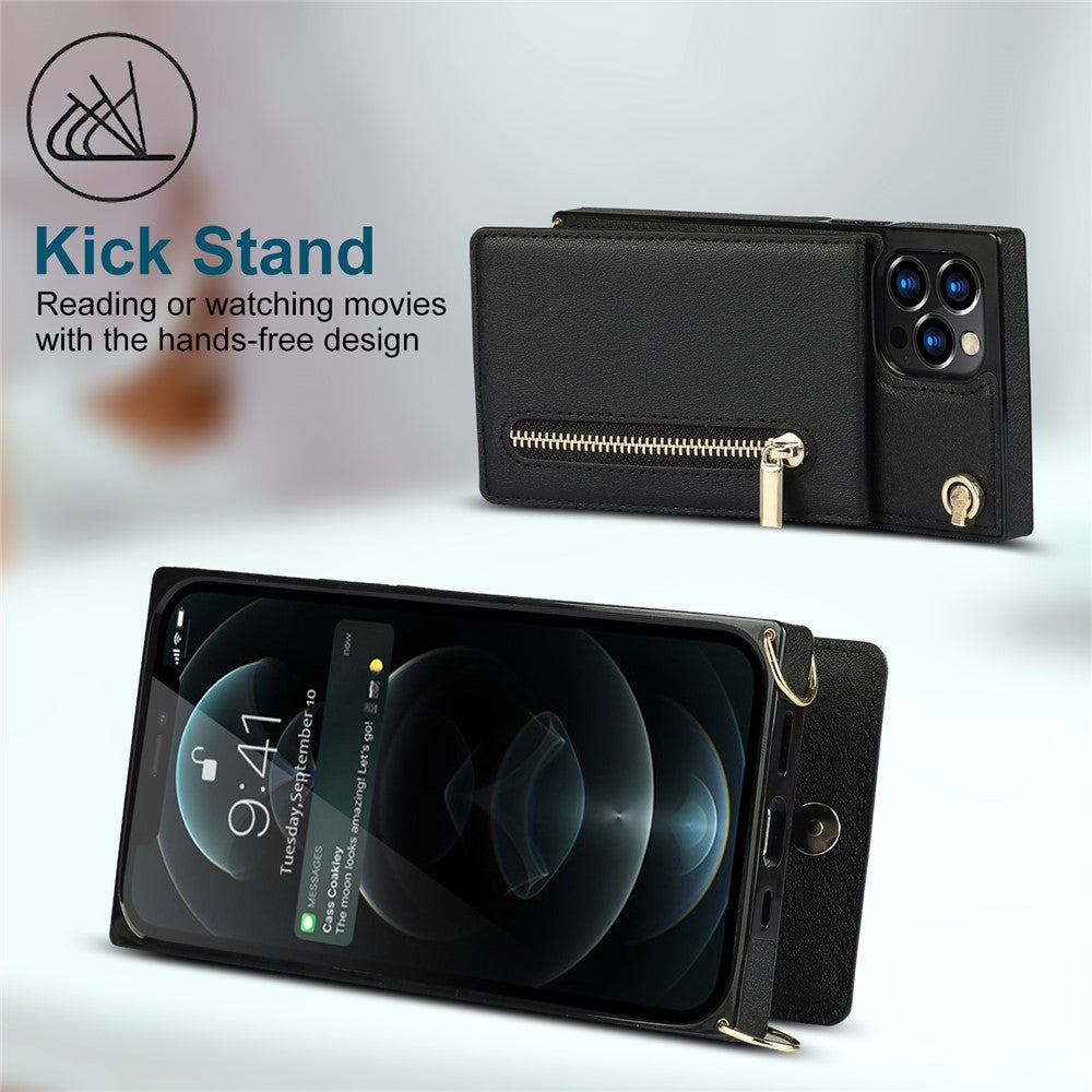 Shockproof Kickstand Design PU Leather Coated TPU Hybrid Case Phone Shell with Lanyard for iPhone 12 / 12 Pro