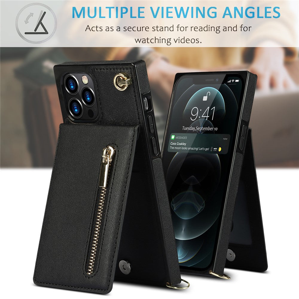 Shockproof Kickstand Design PU Leather Coated TPU Hybrid Case Phone Shell with Lanyard for iPhone 12 / 12 Pro