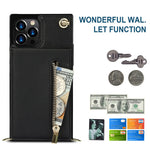 Shockproof Kickstand Design PU Leather Coated TPU Hybrid Case Phone Shell with Lanyard for iPhone 12 / 12 Pro