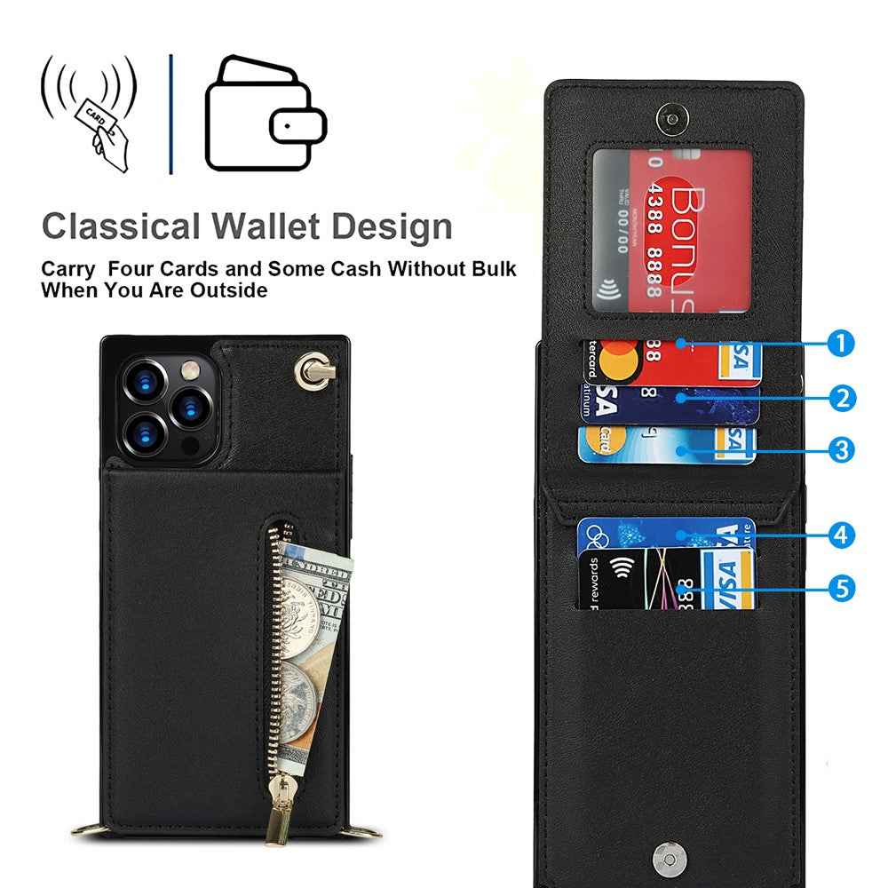 Shockproof Kickstand Design PU Leather Coated TPU Hybrid Case Phone Shell with Lanyard for iPhone 12 / 12 Pro