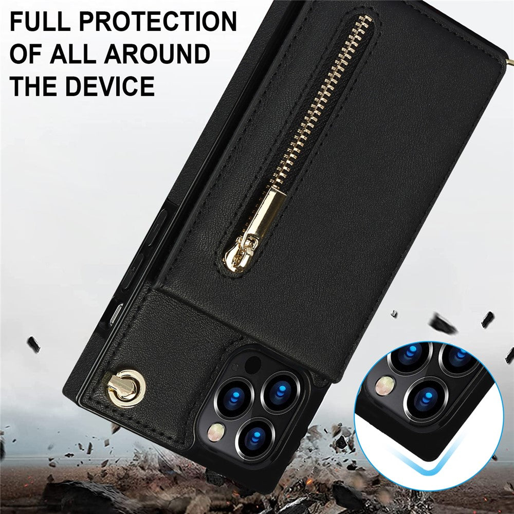 Shockproof Kickstand Design PU Leather Coated TPU Hybrid Case Phone Shell with Lanyard for iPhone 12 / 12 Pro