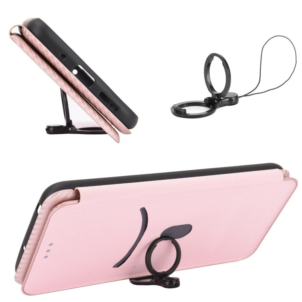 Premium Fiber High-Grade Carbon Style Magnetic Adsorption Leather Case with Ring Strap for iPhone 13 mini 5.4 inch