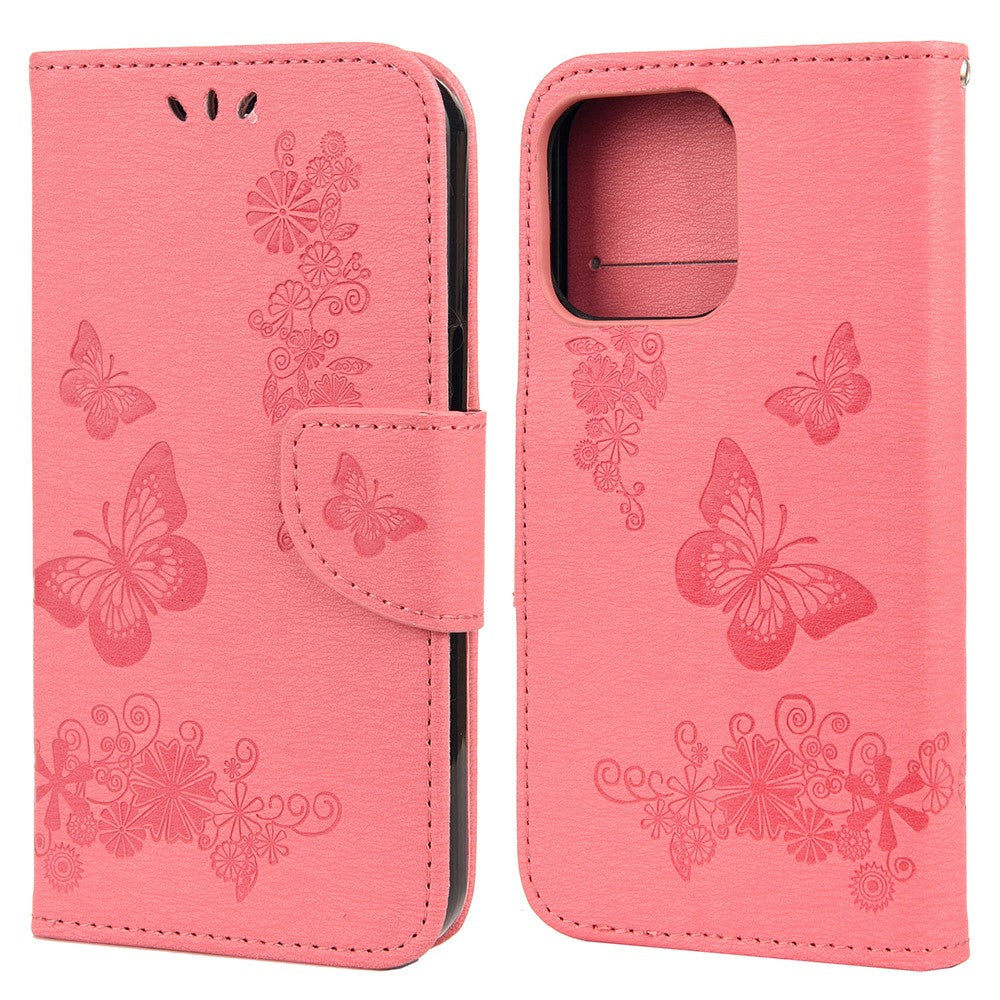 Læderpung-etui med præget sommerfugl/blomst Telefoncover med stander til iPhone 13 6,1 tommer