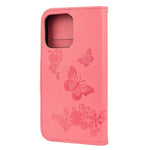 Læderpung-etui med præget sommerfugl/blomst Telefoncover med stander til iPhone 13 6,1 tommer