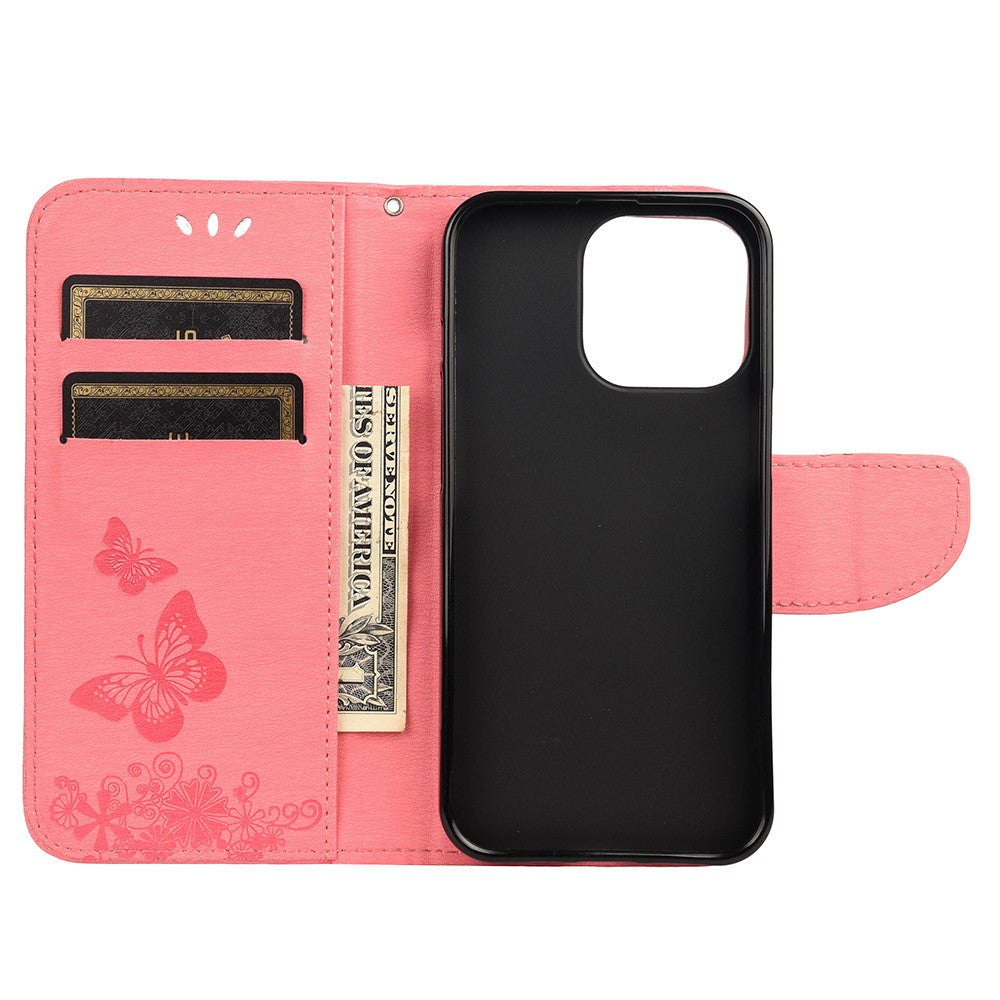 Læderpung-etui med præget sommerfugl/blomst Telefoncover med stander til iPhone 13 6,1 tommer
