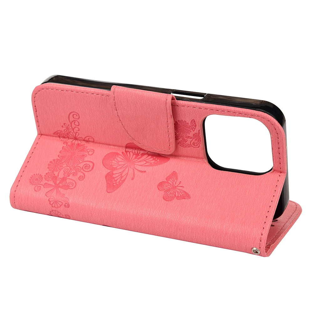 Læderpung-etui med præget sommerfugl/blomst Telefoncover med stander til iPhone 13 6,1 tommer
