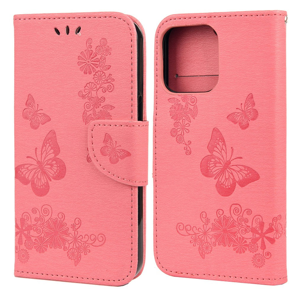 Läderplånboksfodral med tryck, fjärilsblomma och stativ för iPhone 13 mini 5,4 tum