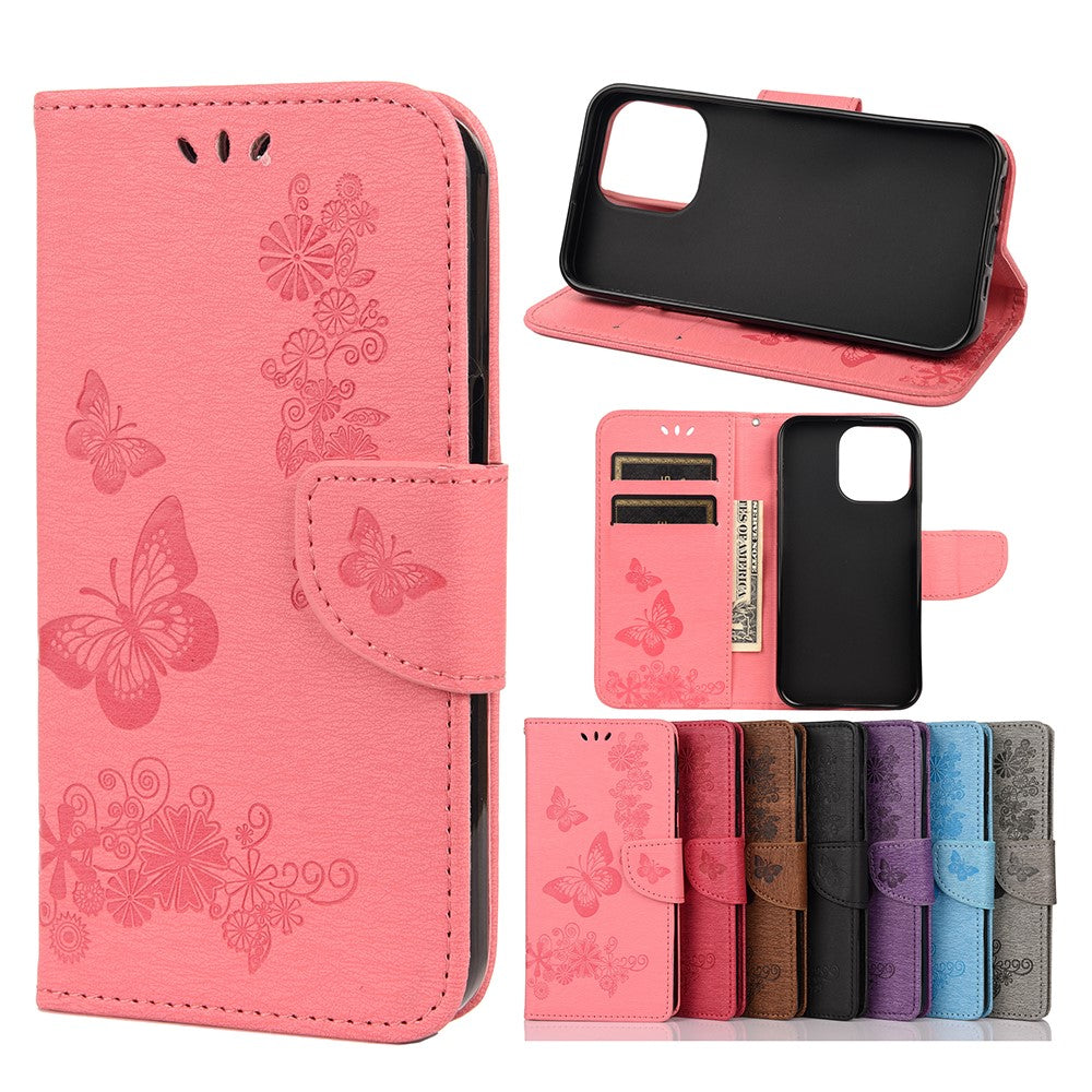 Leather Wallet Case Imprint Butterfly Flower Phone Case with Stand for iPhone 13 mini 5.4 inch