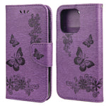 Leather Wallet Case Imprint Butterfly Flower Phone Case with Stand for iPhone 13 mini 5.4 inch