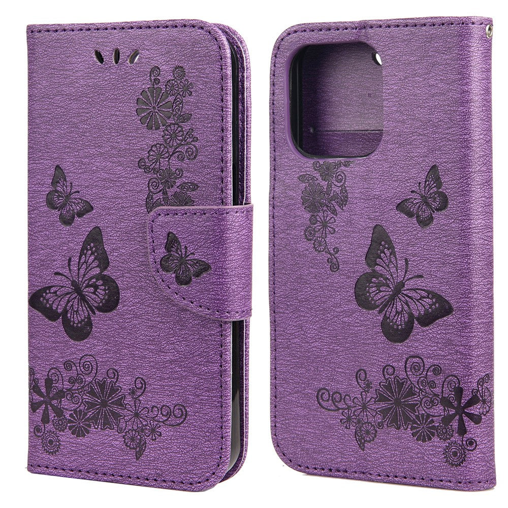 Leather Wallet Case Imprint Butterfly Flower Phone Case with Stand for iPhone 13 mini 5.4 inch