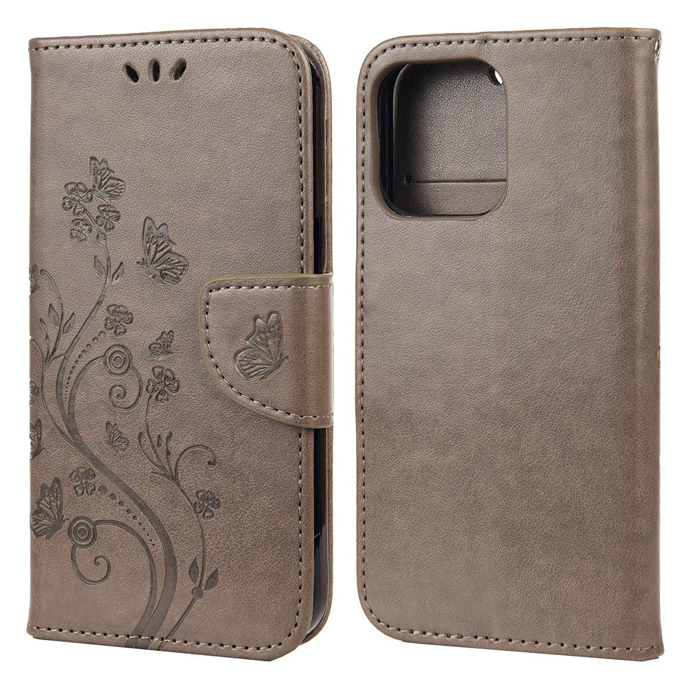 Velbeskyttet pung i læderlook med sommerfugleblomst-aftryk og stander til iPhone 13 6,1"