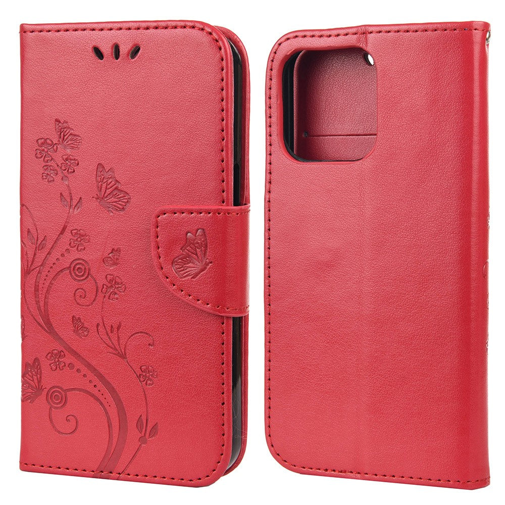 Velbeskyttet pung i læderlook med sommerfugleblomst-aftryk og stander til iPhone 13 6,1"