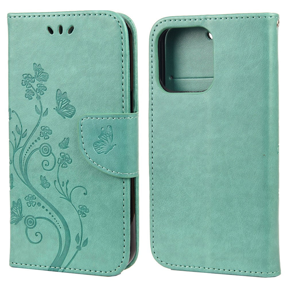 Velbeskyttet pung i læderlook med sommerfugleblomst-aftryk og stander til iPhone 13 6,1"