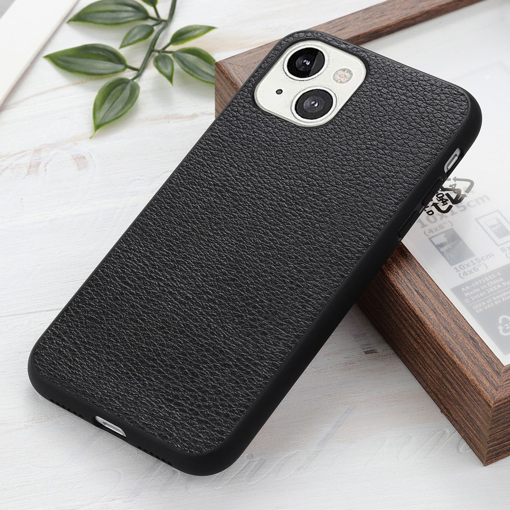 Litchi Skin PC + TPU Combo Genuine Leather Coated Back Shell for iPhone 13 6.1 inch