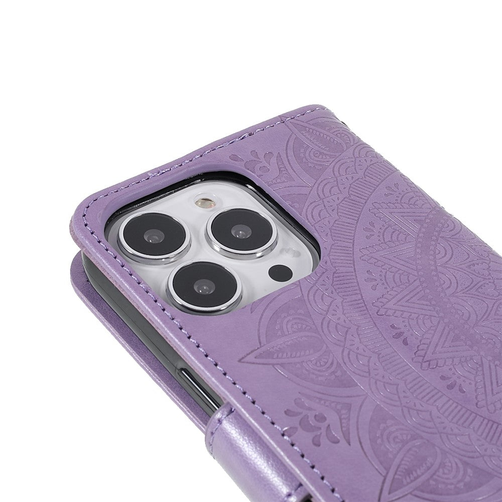 Mandala Totem Pattern Imprinted PU Leather Wallet Magnetic Flip Cover with Hand Strap for iPhone 13 Pro 6.1 inch