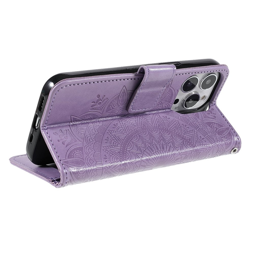 Mandala Totem Pattern Imprinted PU Leather Wallet Magnetic Flip Cover with Hand Strap for iPhone 13 Pro 6.1 inch