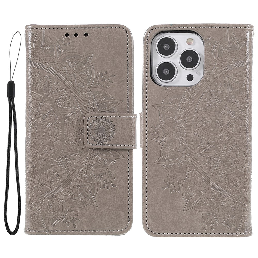 Mandala Totem Pattern Imprinted PU Leather Wallet Magnetic Flip Cover with Hand Strap for iPhone 13 Pro 6.1 inch