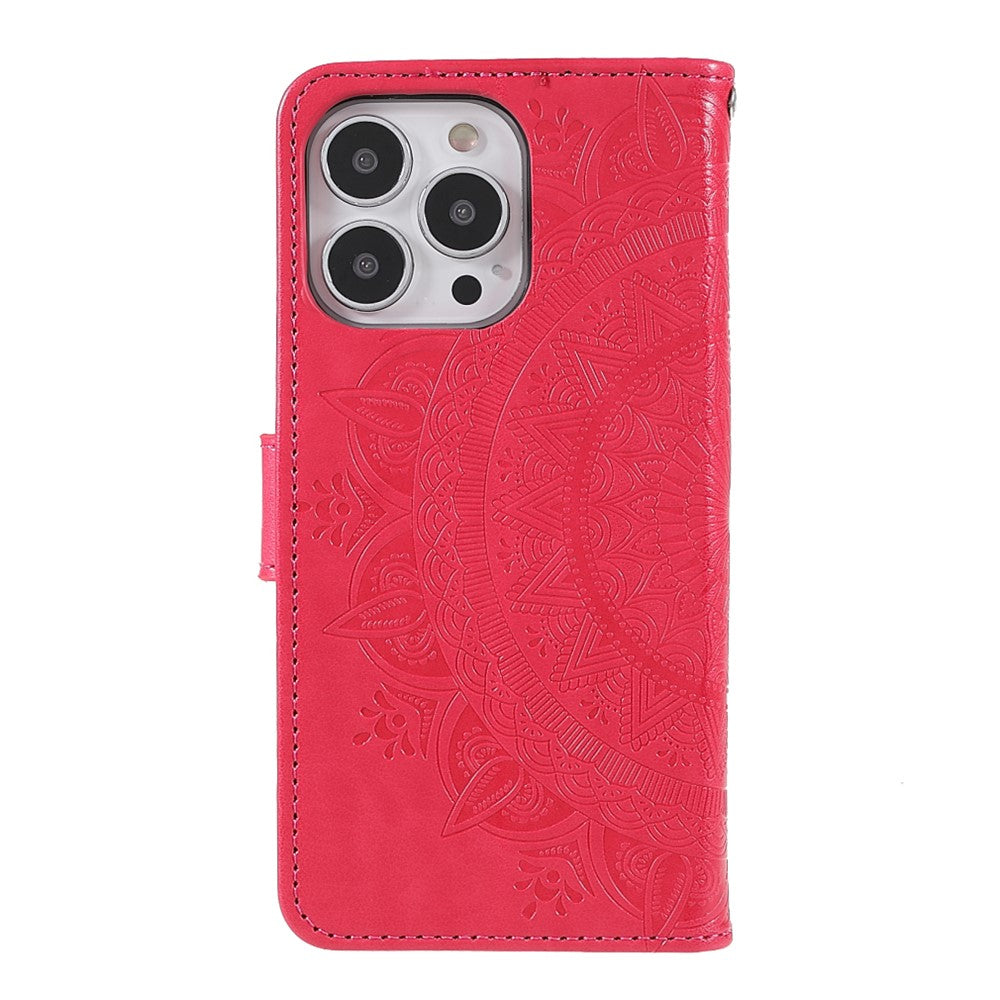 Anti-Scratch Imprinted Mandala Totem Pattern Leather Wallet Flip Protective Case Cover with Strap for iPhone 13 Pro Max 6.7 inch
