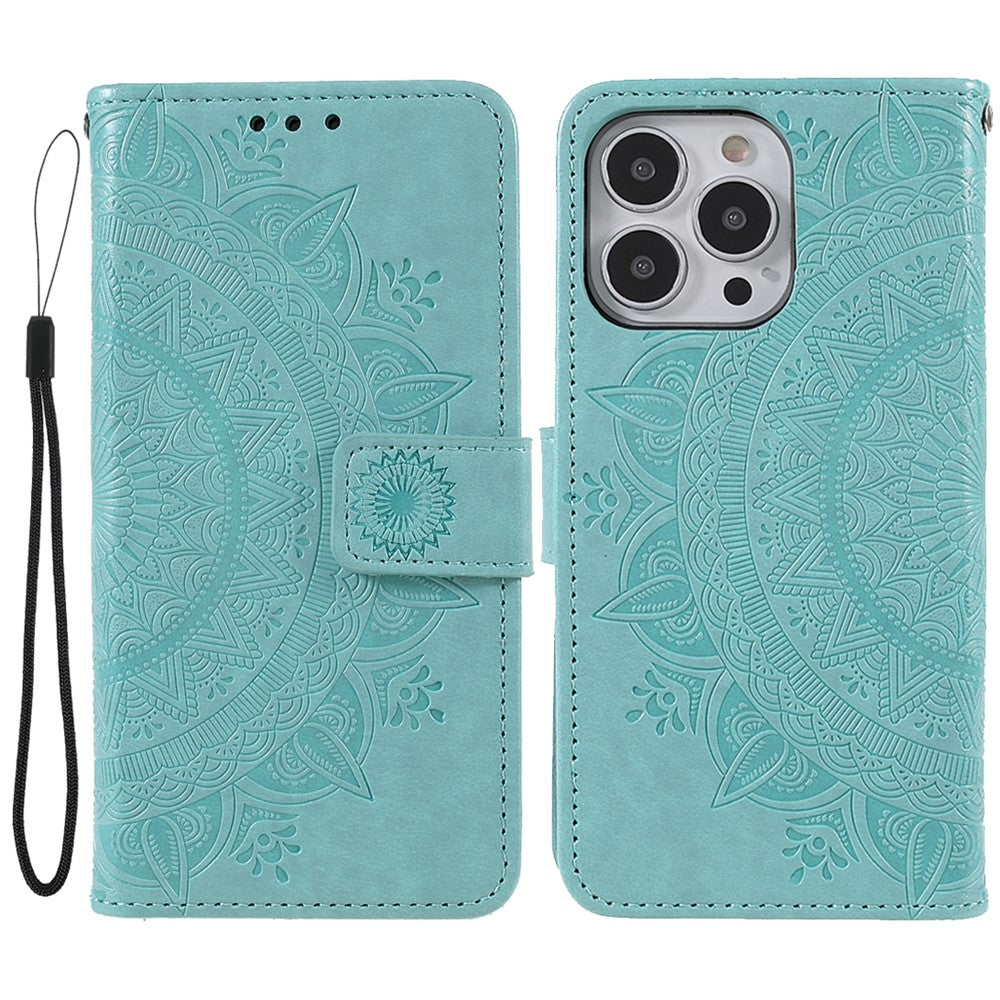 Anti-Scratch Imprinted Mandala Totem Pattern Leather Wallet Flip Protective Case Cover with Strap for iPhone 13 Pro Max 6.7 inch