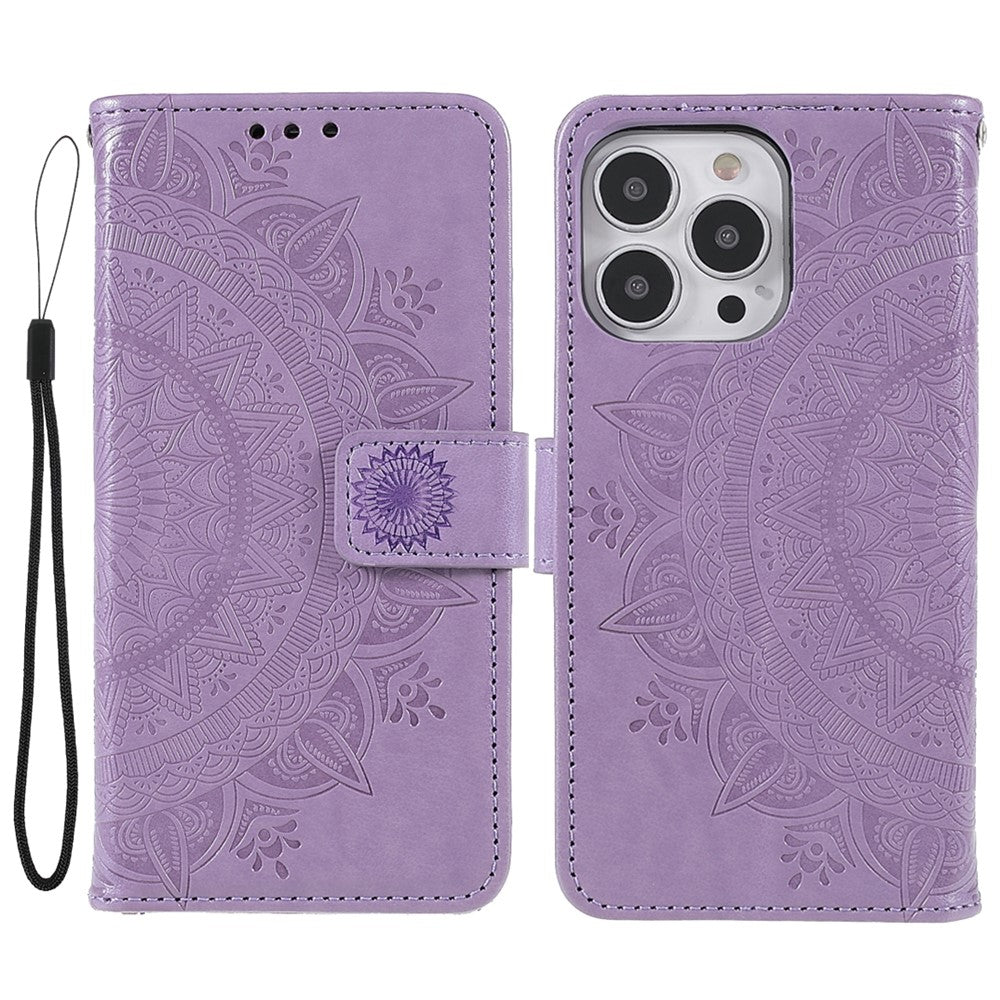 Anti-Scratch Imprinted Mandala Totem Pattern Leather Wallet Flip Protective Case Cover with Strap for iPhone 13 Pro Max 6.7 inch