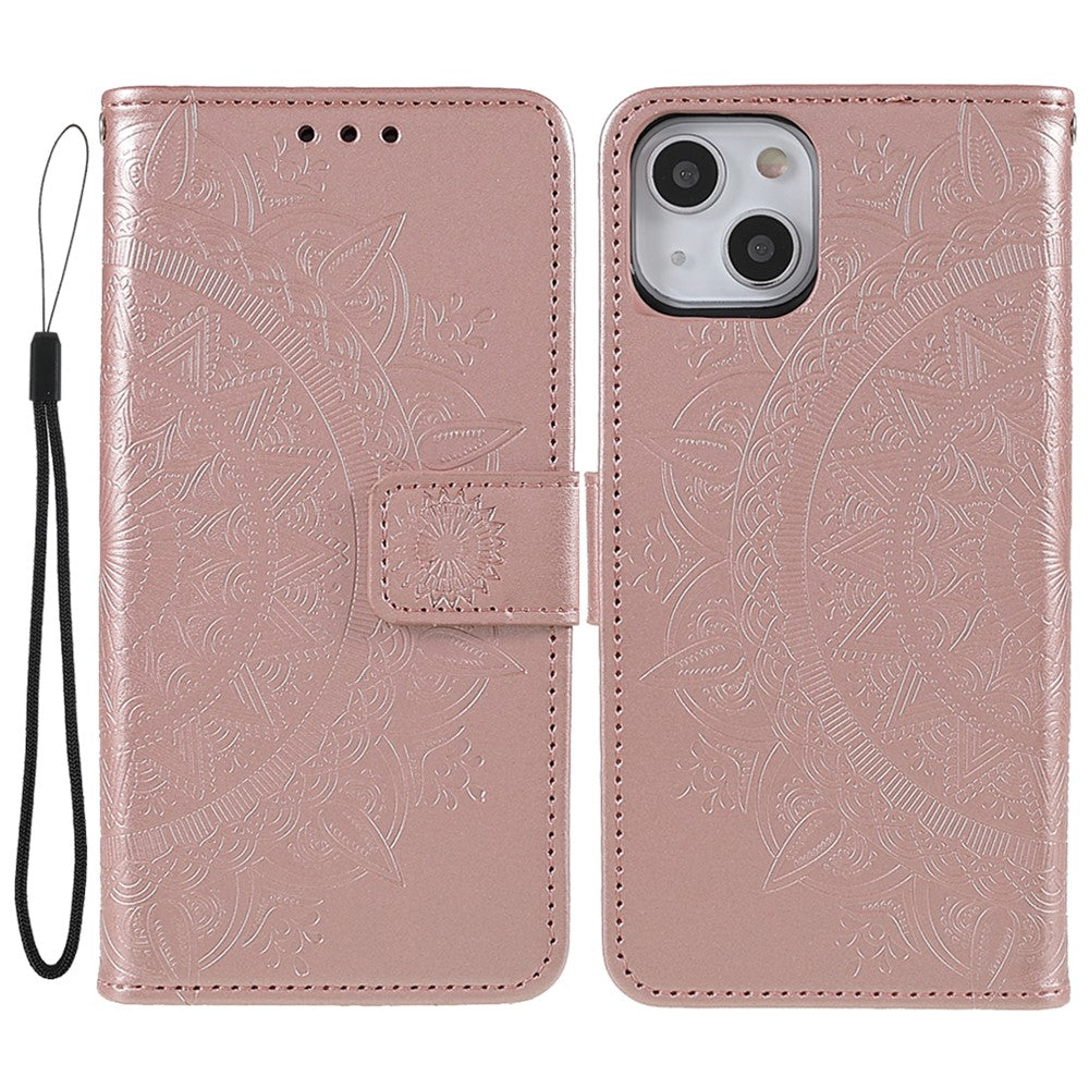 Stylish Imprinted Mandala Totem Pattern PU Leather Shockproof Flip Magnetic Case with Strap for iPhone 13 6.1 inch