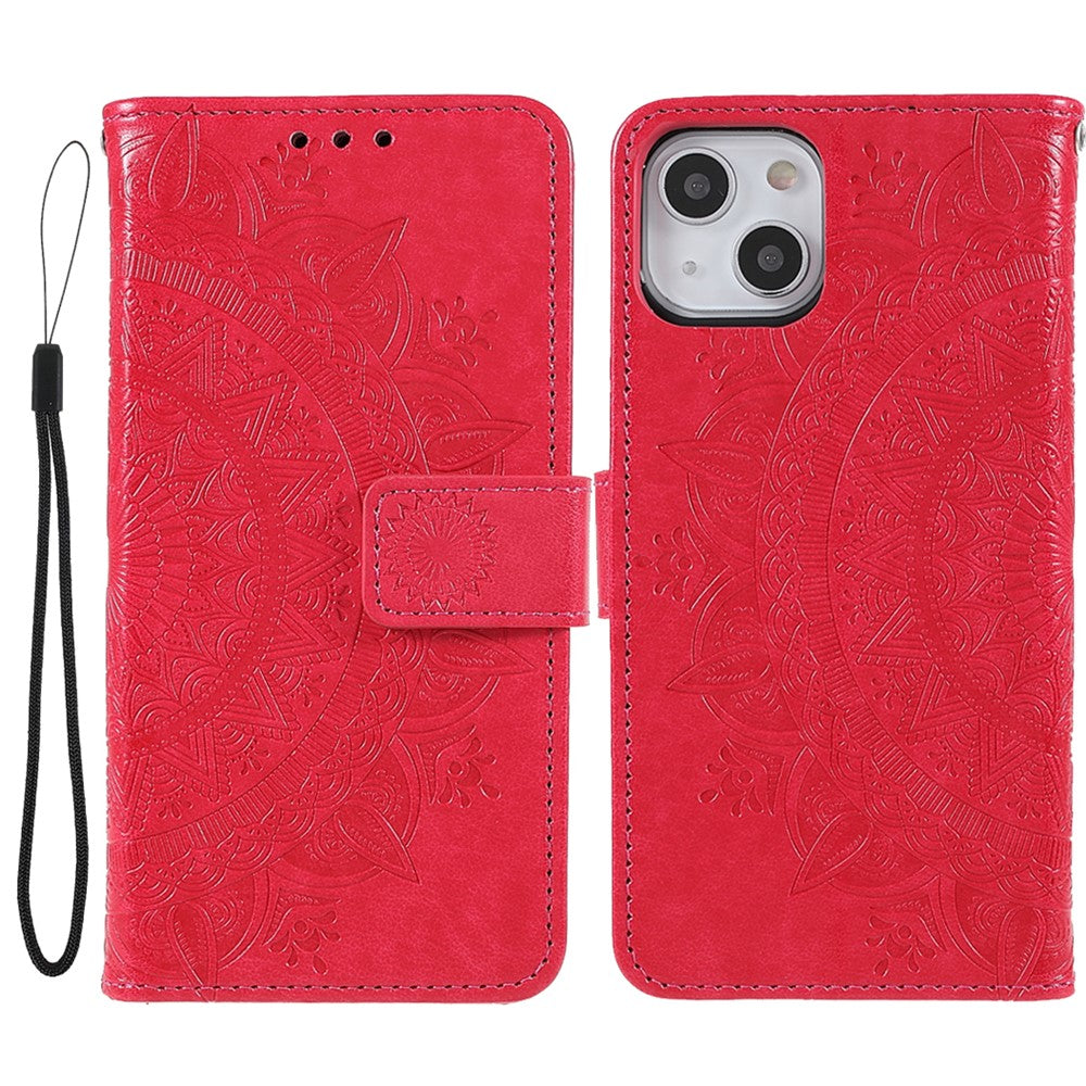 Stylish Imprinted Mandala Totem Pattern PU Leather Shockproof Flip Magnetic Case with Strap for iPhone 13 6.1 inch