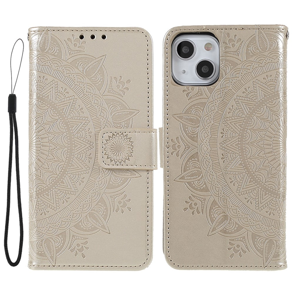 Stylish Imprinted Mandala Totem Pattern PU Leather Shockproof Flip Magnetic Case with Strap for iPhone 13 6.1 inch