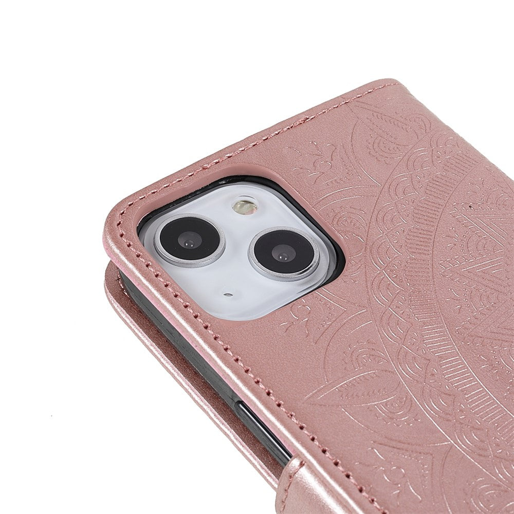 Imprinted Mandala Totem Pattern PU Leather Wallet Cover Slim Magnetic Shockproof Flip Case with Strap for iPhone 13 mini 5.4 inch