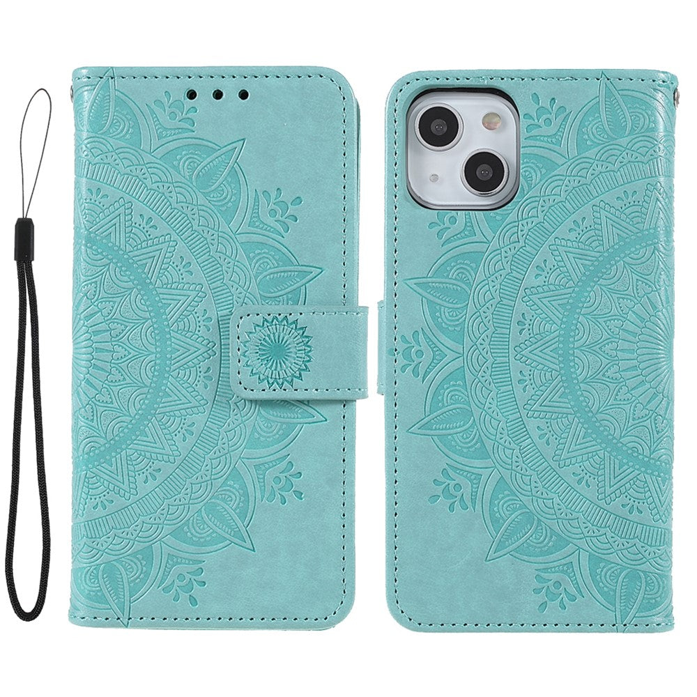 Imprinted Mandala Totem Pattern PU Leather Wallet Cover Slim Magnetic Shockproof Flip Case with Strap for iPhone 13 mini 5.4 inch