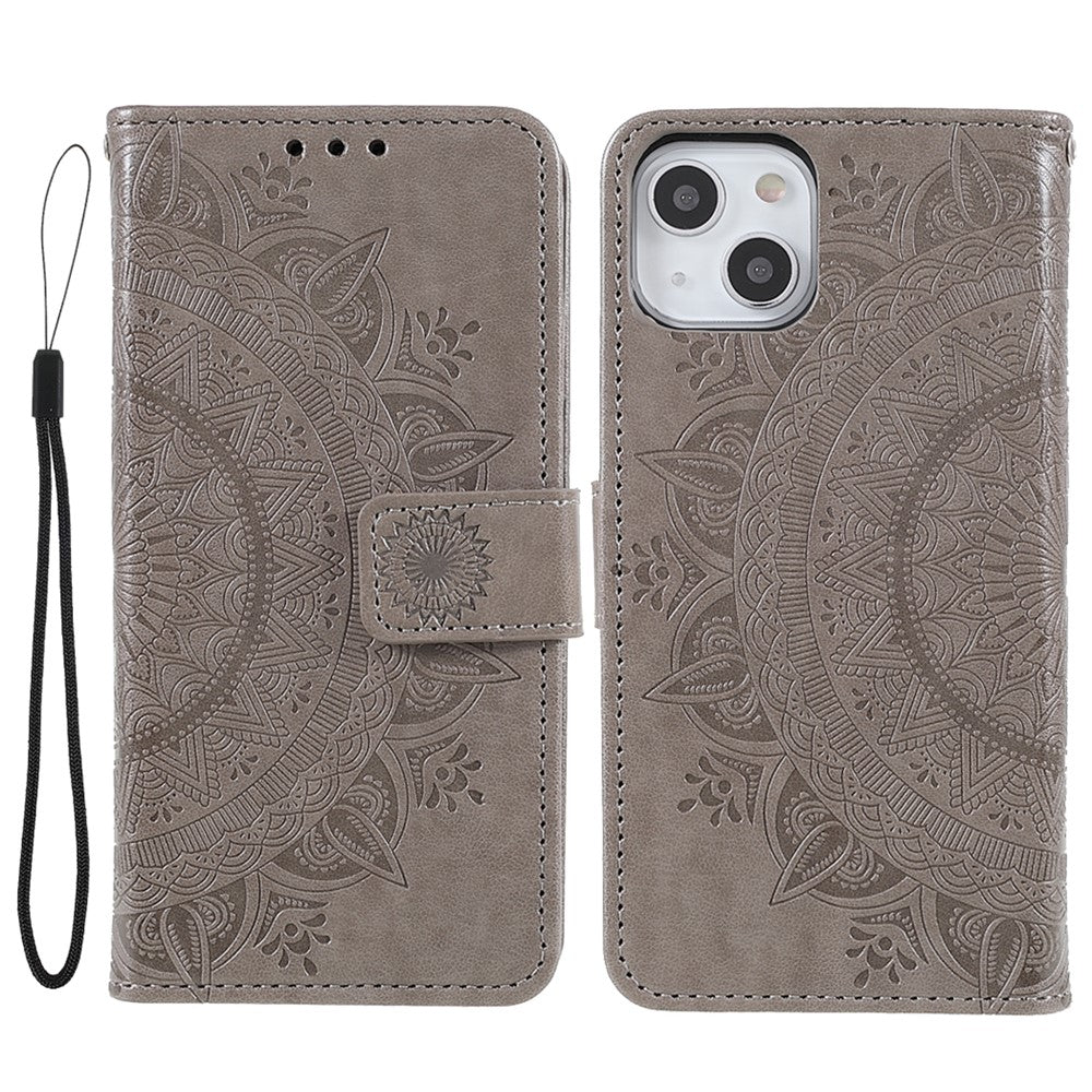 Imprinted Mandala Totem Pattern PU Leather Wallet Cover Slim Magnetic Shockproof Flip Case with Strap for iPhone 13 mini 5.4 inch