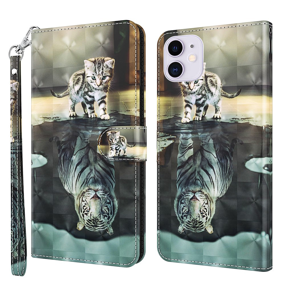 Cool 3D Pattern Printing PU Leather Magnetic Clasp Shockproof Stand Flip Cover with Strap for iPhone 13 mini 5.4 inch