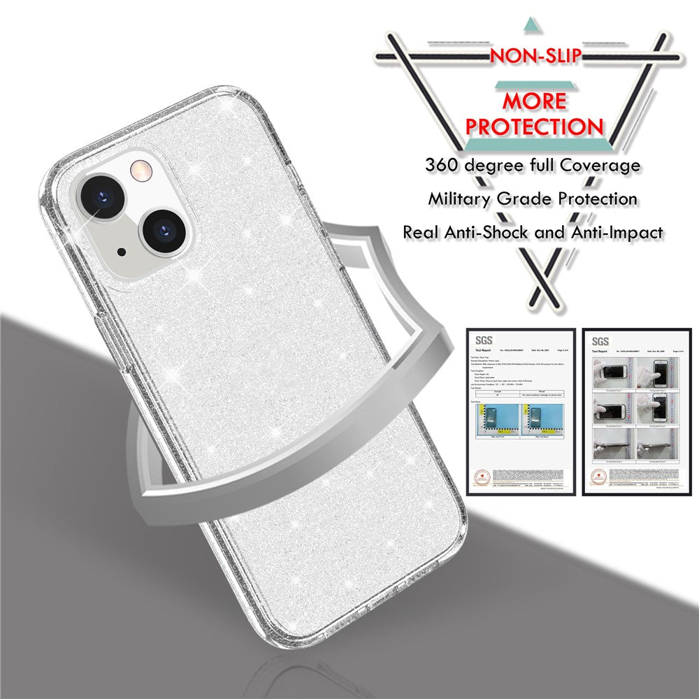 For iPhone 13 6.1 inch Clear Glitter Design Phone Case Soft TPU Bumper + Hard PC Shockproof Protective Back Cover