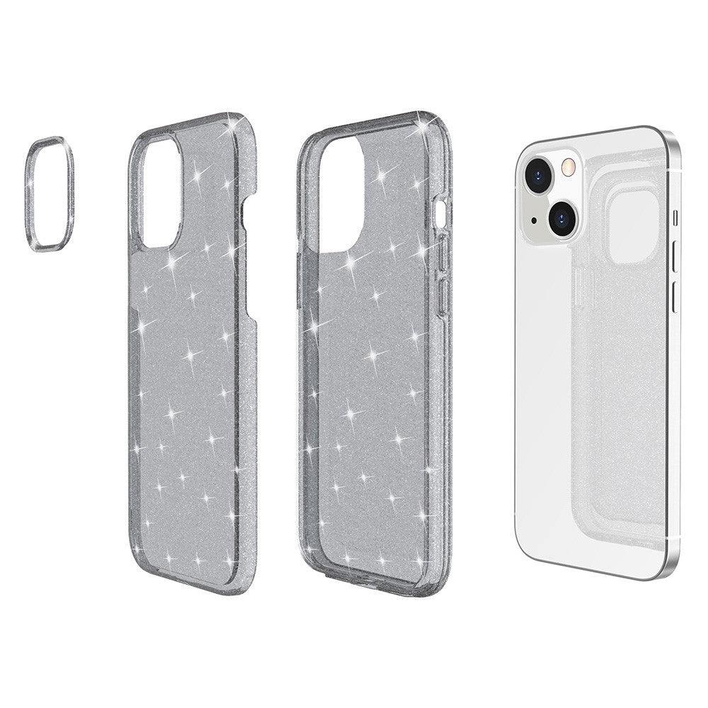 For iPhone 13 6.1 inch Clear Glitter Design Phone Case Soft TPU Bumper + Hard PC Shockproof Protective Back Cover
