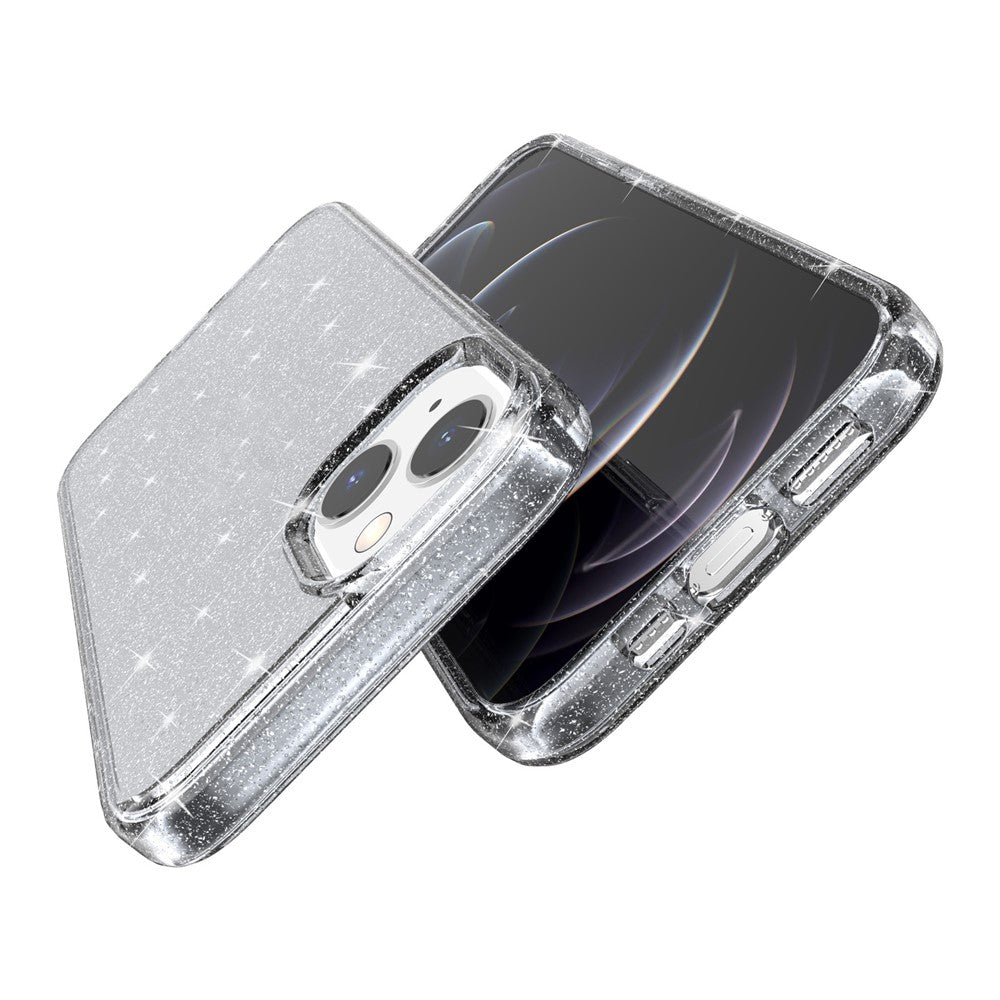 For iPhone 13 6.1 inch Clear Glitter Design Phone Case Soft TPU Bumper + Hard PC Shockproof Protective Back Cover