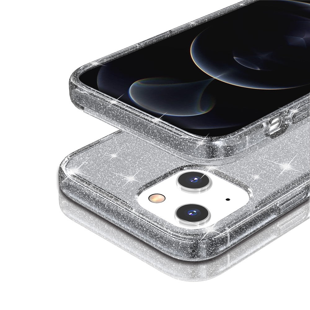 For iPhone 13 6.1 inch Clear Glitter Design Phone Case Soft TPU Bumper + Hard PC Shockproof Protective Back Cover