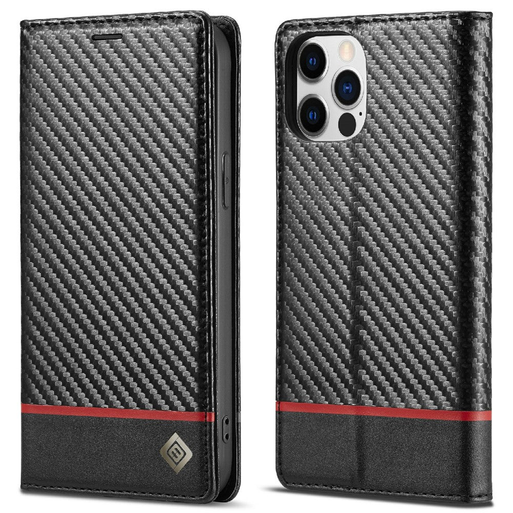 LC.IMEEKE Stativfodral i PU-läder med kolfiberstruktur och plånbok för iPhone 12 Pro Max 6,7 tum
