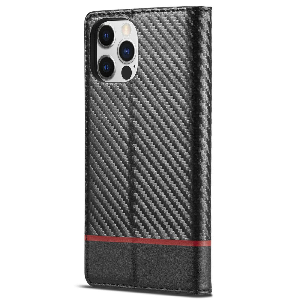 LC.IMEEKE Carbon Fiber Texture PU Leather Stand Case with Wallet for iPhone 12 Pro Max 6.7 inch