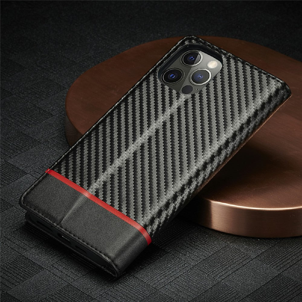 LC.IMEEKE Carbon Fiber Texture PU Leather Stand Case with Wallet for iPhone 12 Pro Max 6.7 inch
