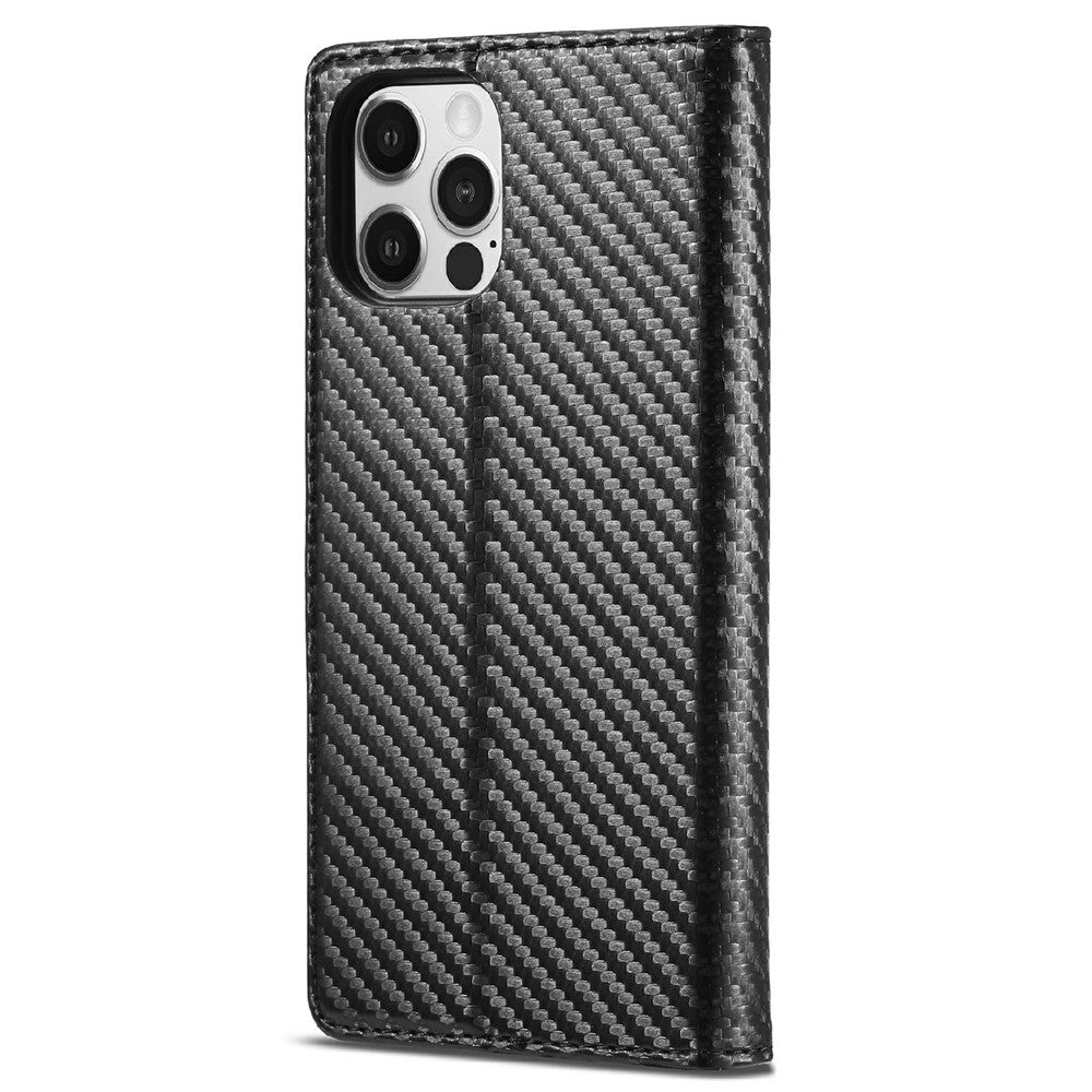 LC.IMEEKE Carbon Fiber Texture Full Protection Leather Stand Wallet Case Shell for iPhone 12 / 12 Pro