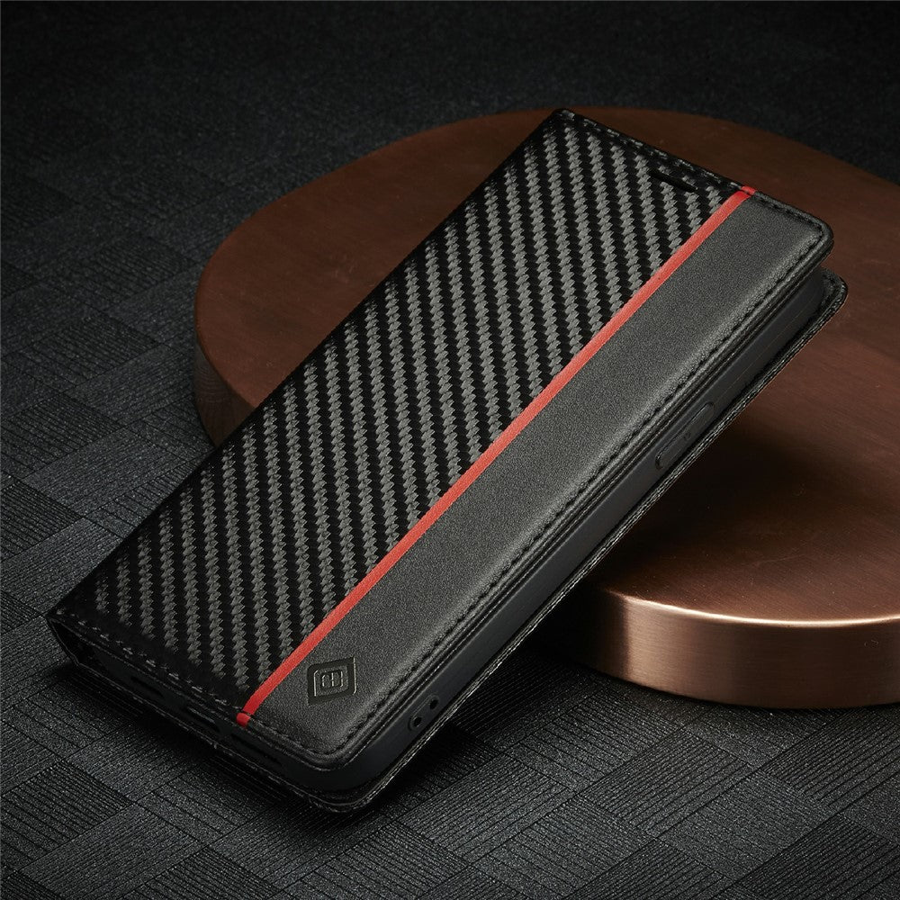 LC.IMEEKE Carbon Fiber Texture Full Protection Leather Stand Wallet Case Shell for iPhone 12 / 12 Pro