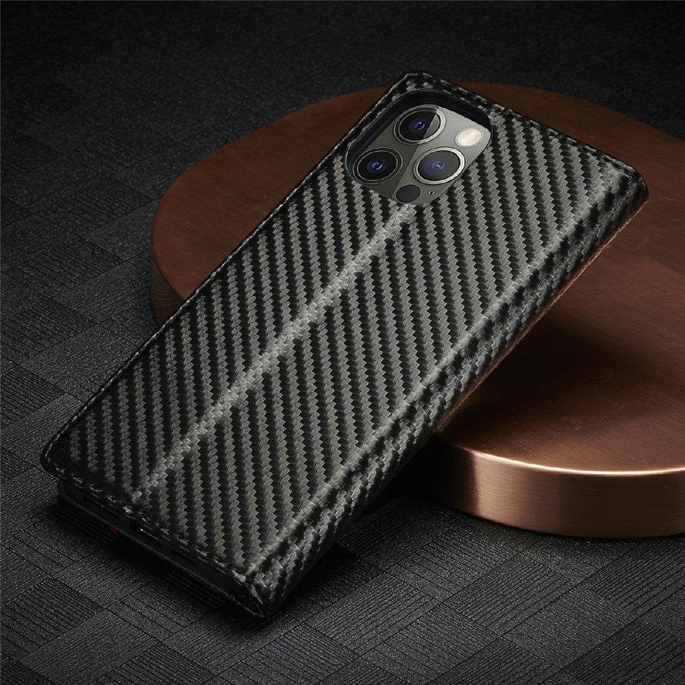 LC.IMEEKE Carbon Fiber Texture Full Protection Leather Stand Wallet Case Shell for iPhone 12 / 12 Pro