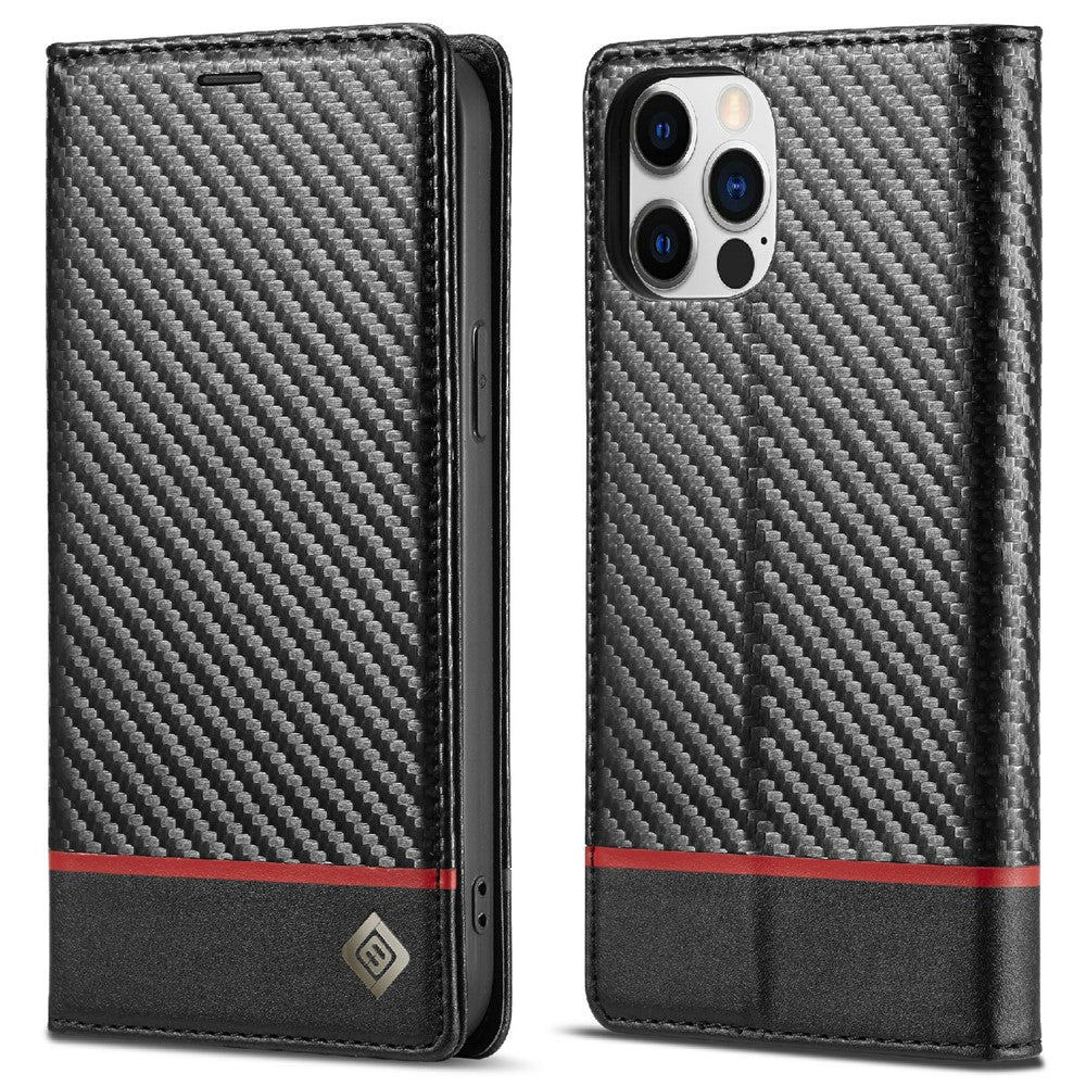 LC.IMEEKE Carbon Fiber Texture Full Protection Leather Stand Wallet Case Shell for iPhone 12 / 12 Pro