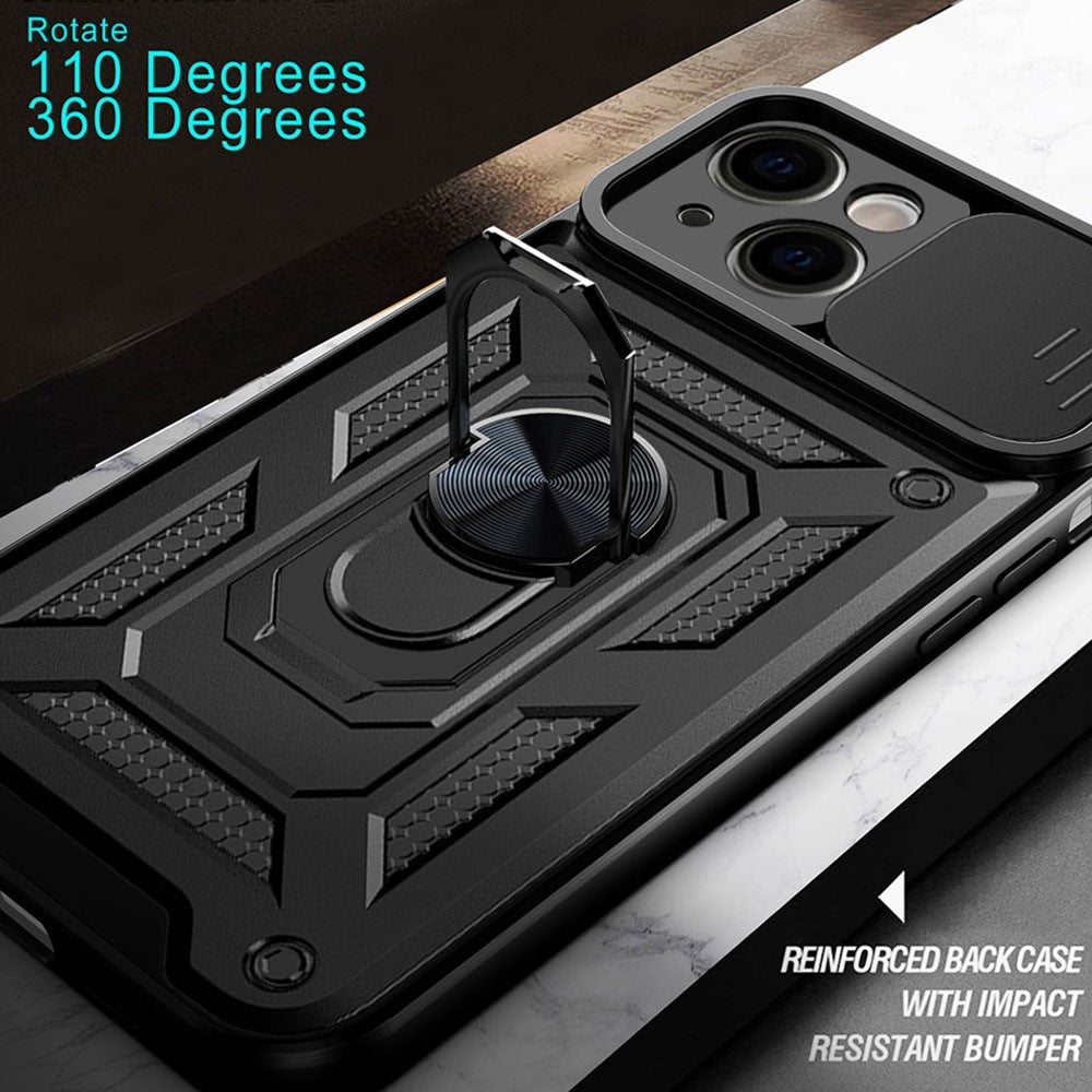 All-round Protective Camera Slide Phone Anti-fall Case Back Shell with Kickstand for iPhone 13 mini 5.4 inch
