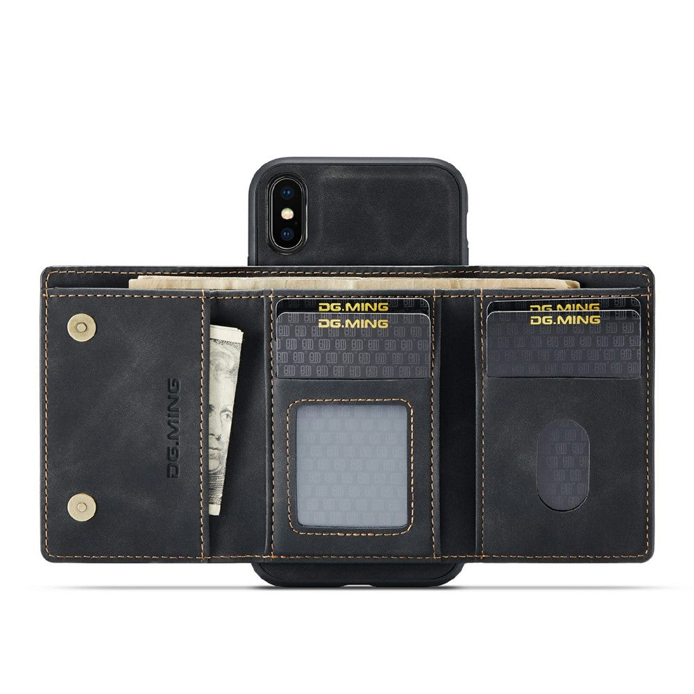 DG.MING M1 Series Phone Case PU + TPU + PC Back Cover with Magnetic Tri-Fold Wallet Kickstand for iPhone XS Max 6.5 inch